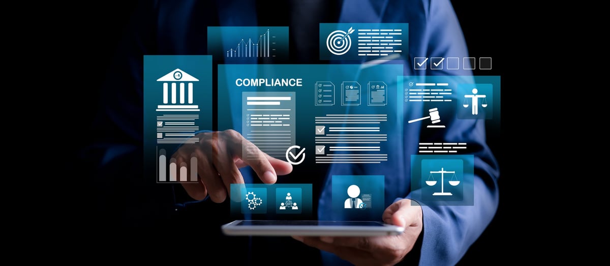 Compliance in business concept showing enforce laws regulations and standards