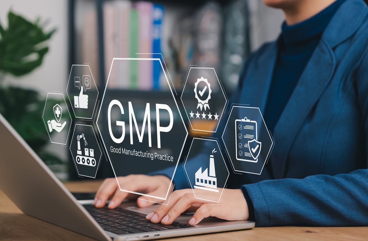 GMP concept with quality control, standards, production, and checklist icons