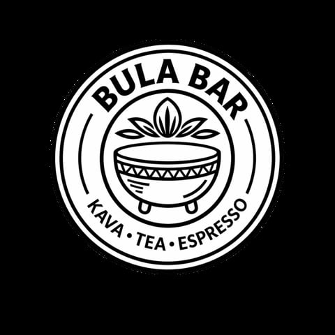 Bula Bar logo featuring a decorative bowl with leaf design in navy blue circle, text reads Kava Tea Espresso