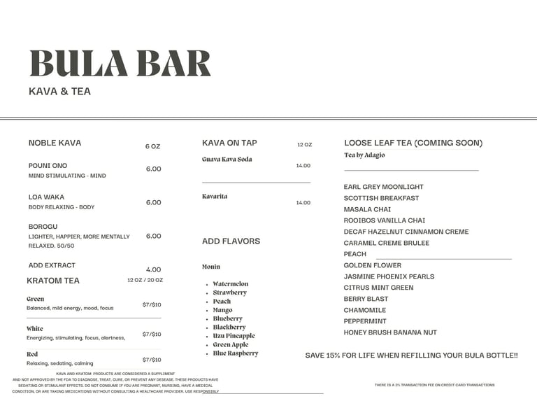Bula Bar menu featuring kava and tea beverages with pricing and flavor options listed