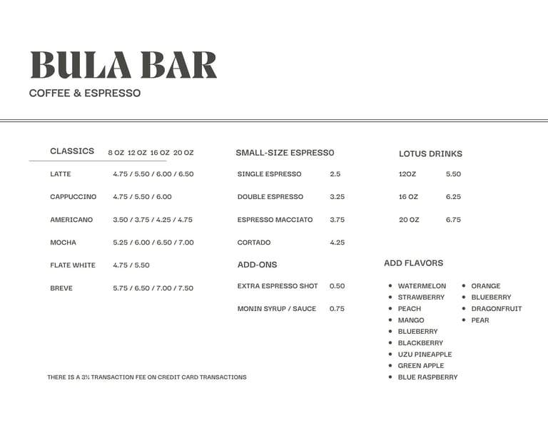 Bula Bar coffee shop menu showing prices for lattes, espresso drinks, lotus drinks, and flavor add-ons